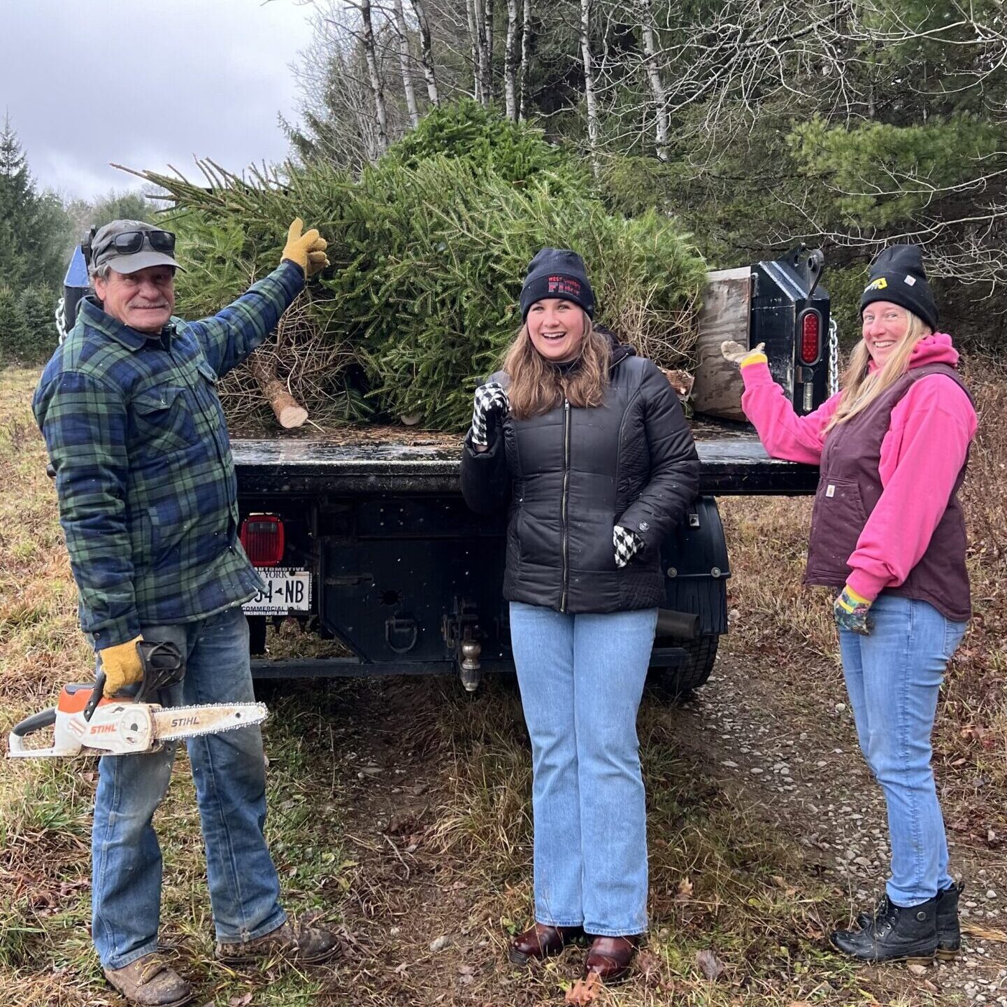 Three people standing and pointing at trees