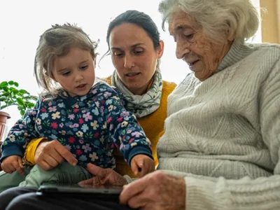 Multigenerational family sitting with loved one